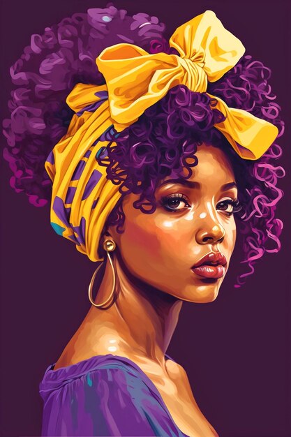 Uma pintura de uma mulher com cabelo roxo e um laço amarelo.