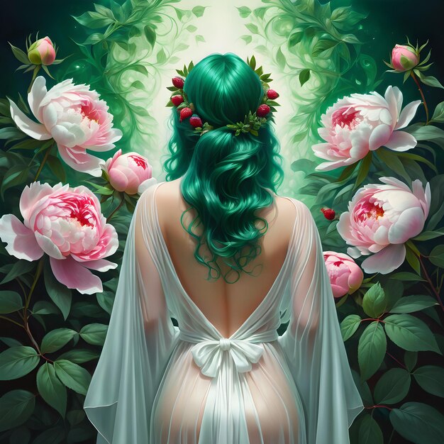 uma pintura de uma mulher com cabelo verde e um vestido branco com flores no fundo