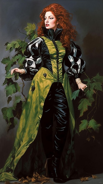 Uma pintura de uma mulher com cabelo vermelho e capa verde.