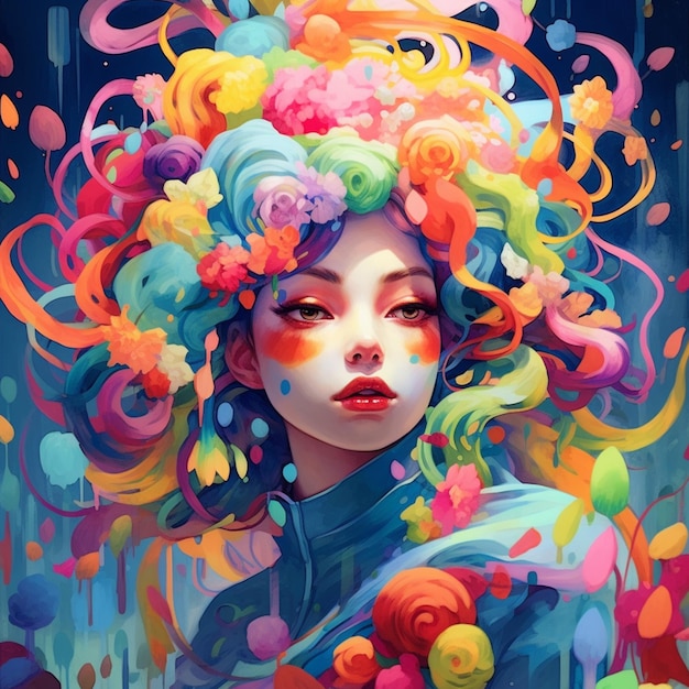 Uma pintura de uma mulher com cabelos coloridos e flores na cabeça.