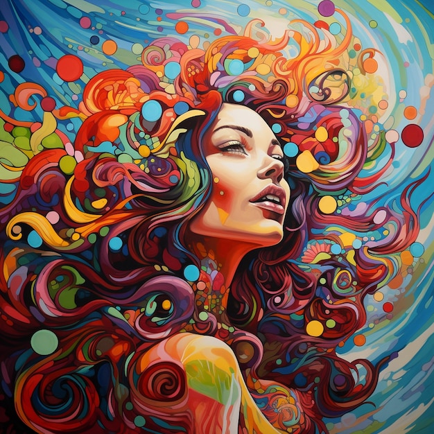 uma pintura de uma mulher com cabelos coloridos e um fundo colorido.