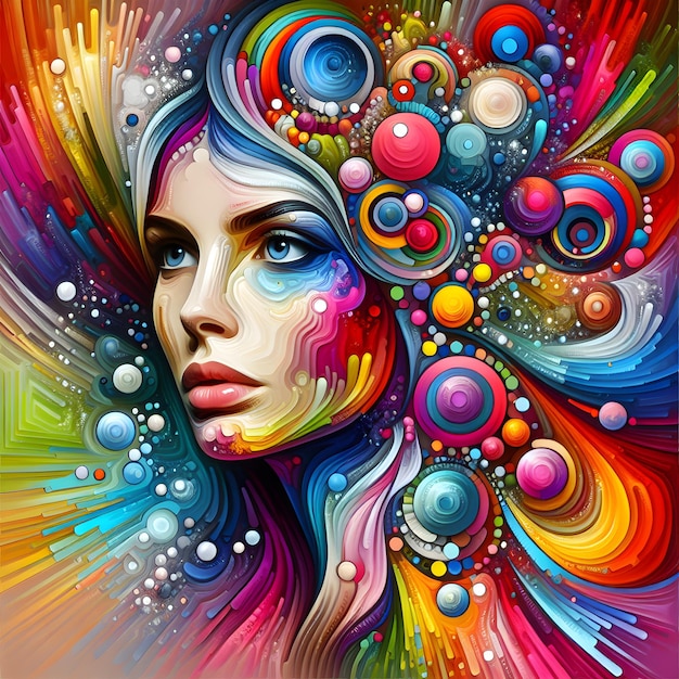 uma pintura de uma mulher com cabelos coloridos e um rosto colorido