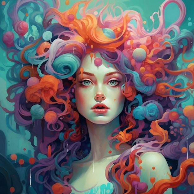 Uma pintura de uma mulher com cabelos coloridos e um rosto que diz "a palavra" nele.