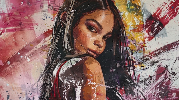 uma pintura de uma mulher com cabelos longos e um vestido vermelho