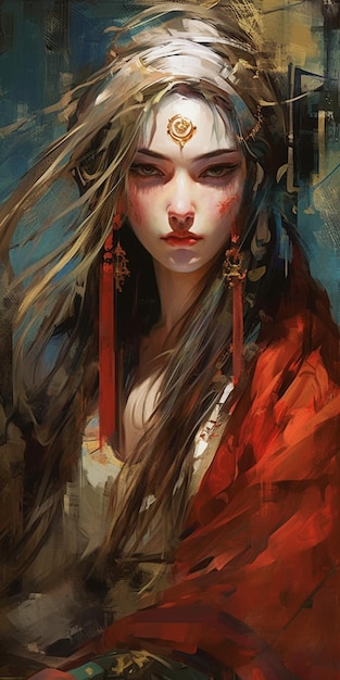 Uma pintura de uma mulher com cabelos longos e um vestido vermelho.