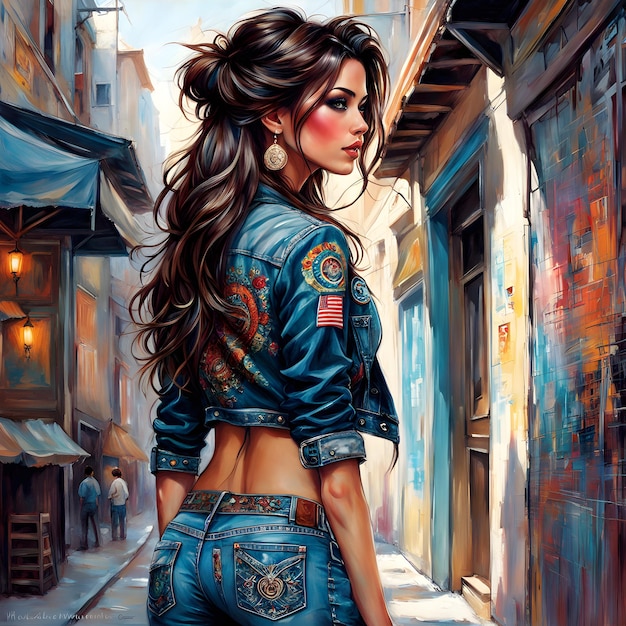 uma pintura de uma mulher com cabelos longos e uma jaqueta de jeans azul com uma estrela na parte de trás