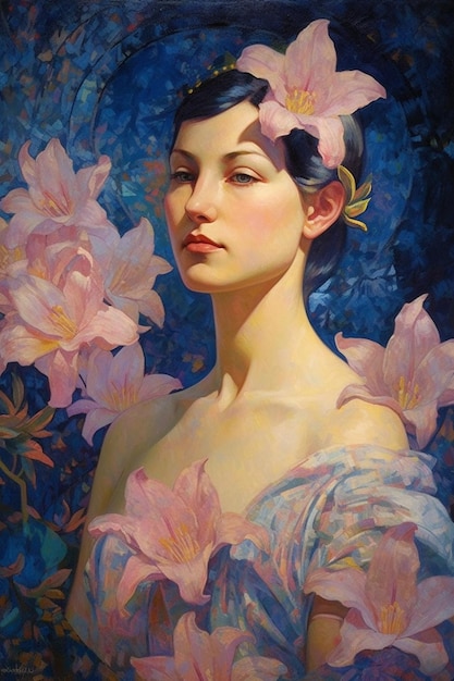 Uma pintura de uma mulher com flores cor de rosa na cabeça