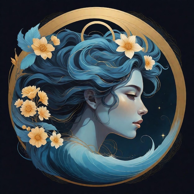 uma pintura de uma mulher com flores e um fundo azul