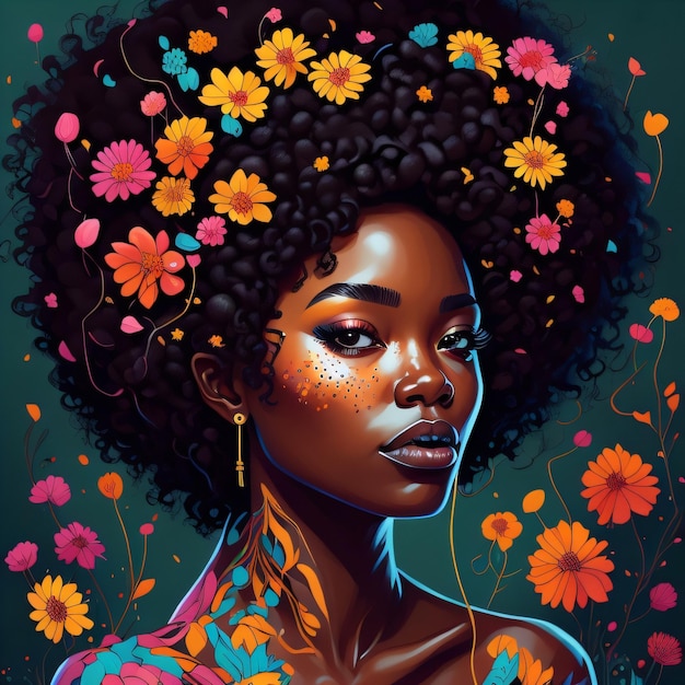 Uma pintura de uma mulher com flores na cabeça