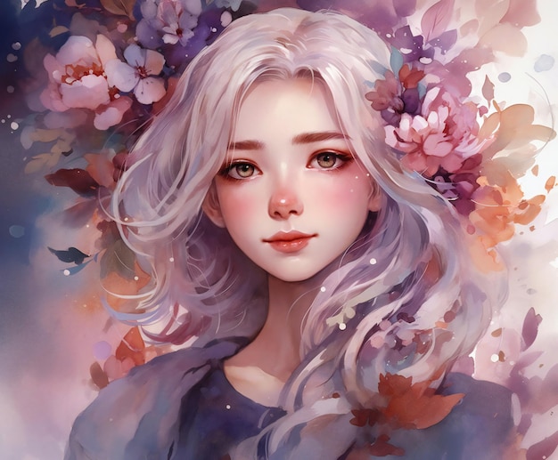 Uma pintura de uma mulher com flores na cabeça