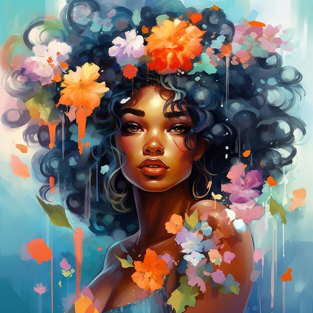 uma pintura de uma mulher com flores no cabelo.