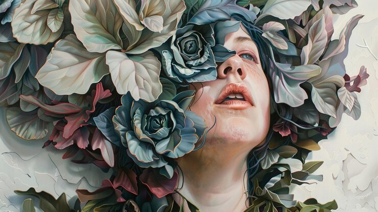 Foto uma pintura de uma mulher com flores no cabelo
