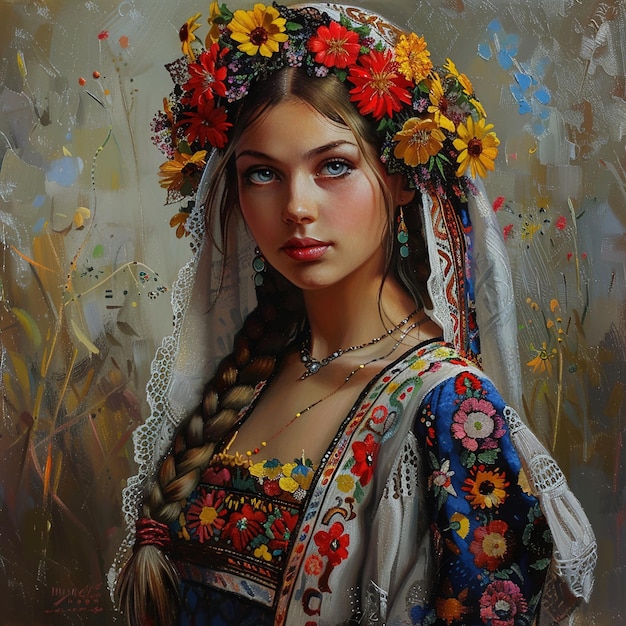 uma pintura de uma mulher com flores no cabelo