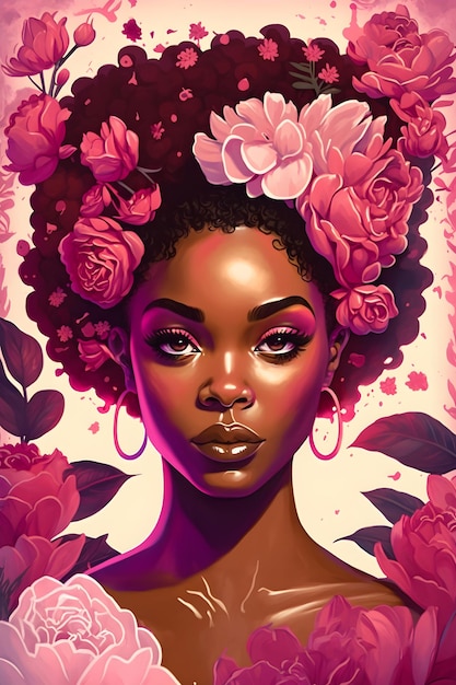 Uma pintura de uma mulher com flores no cabelo