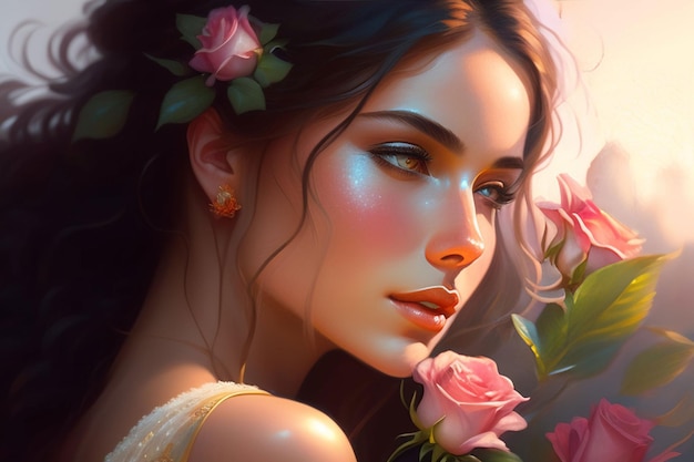 Uma pintura de uma mulher com flores no rosto