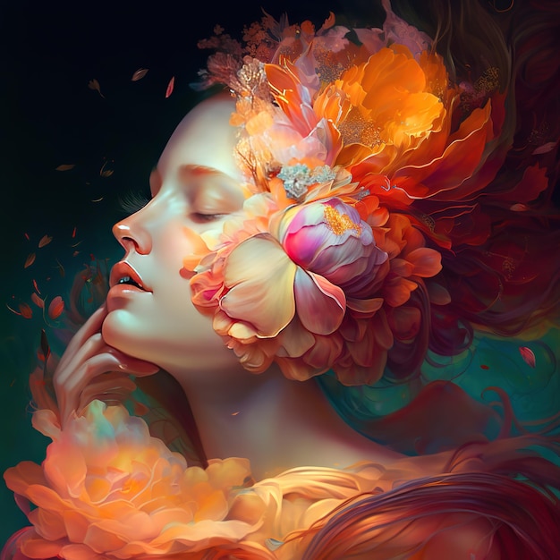 Uma pintura de uma mulher com flores no rosto