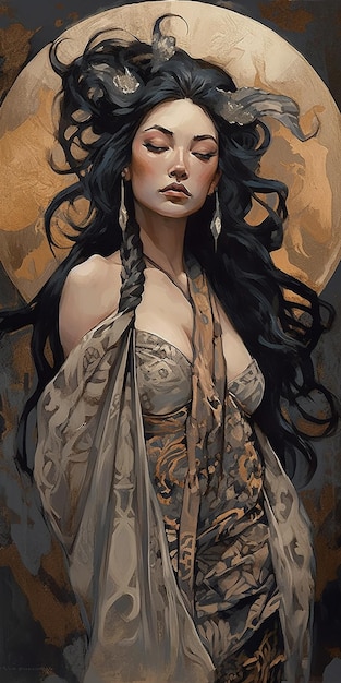 Uma pintura de uma mulher com longos cabelos negros e um vestido dourado e vermelho.
