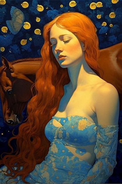 Uma pintura de uma mulher com longos cabelos ruivos e um vestido azul que diz "a palavra cavalo".