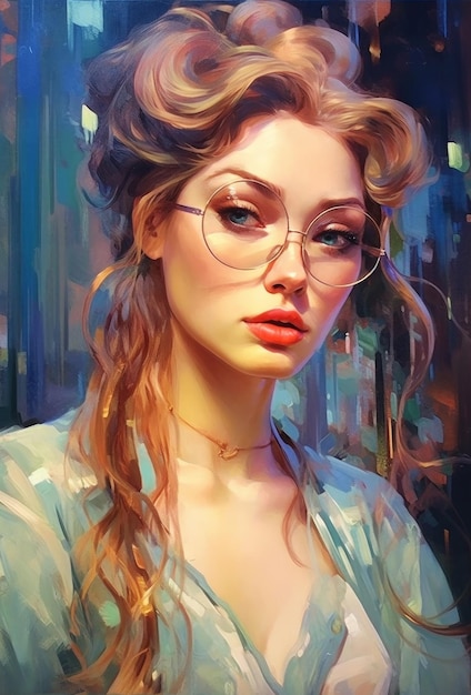 Uma pintura de uma mulher com óculos e uma camisa azul.