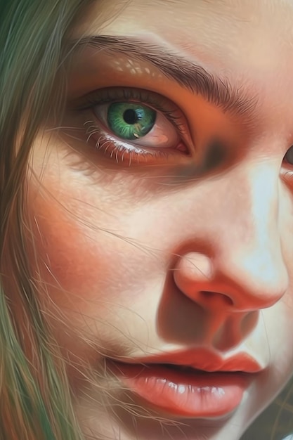 Uma pintura de uma mulher com olhos verdes e uma lágrima