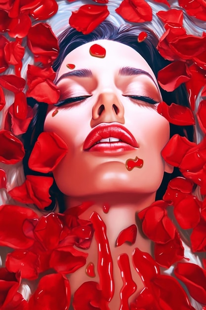 Uma pintura de uma mulher com pétalas vermelhas no rosto