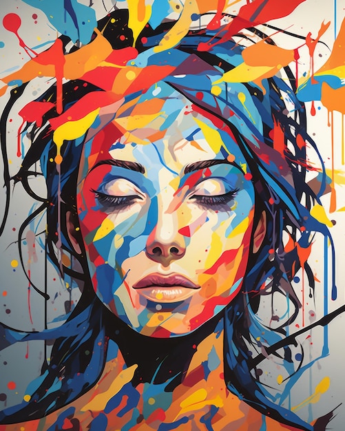 uma pintura de uma mulher com respingos de tinta colorida no rosto