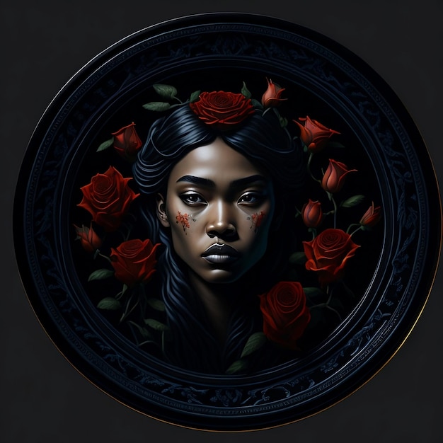 Uma pintura de uma mulher com rosas vermelhas