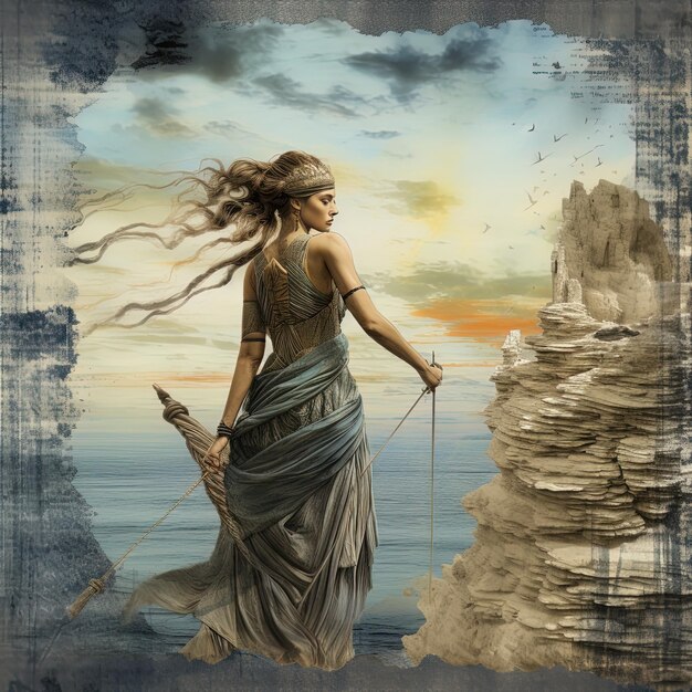 uma pintura de uma mulher com um arco e uma flecha na mão