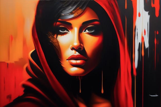 Uma pintura de uma mulher com um capuz vermelho e um capuz vermelho.