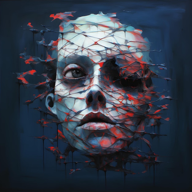 Uma pintura de uma mulher com um crânio e vidro quebrado.