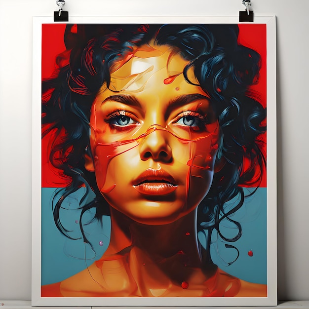 uma pintura de uma mulher com um fundo vermelho e azul