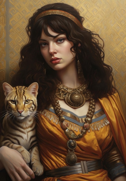 Uma pintura de uma mulher com um gato