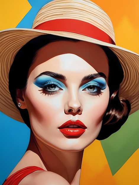 uma pintura de uma mulher com um lábio vermelho e um chapéu com olhos azuis