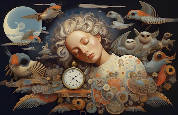 Uma pintura de uma mulher com um relógio cercado por imagem de ai generativa de pássaros