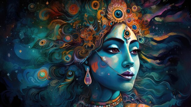 Uma pintura de uma mulher com um rosto azul e a palavra mahabharata na parte inferior.