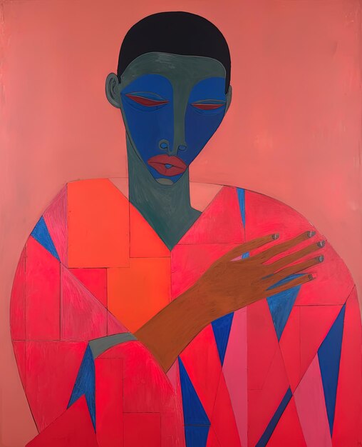 uma pintura de uma mulher com um rosto vermelho e azul