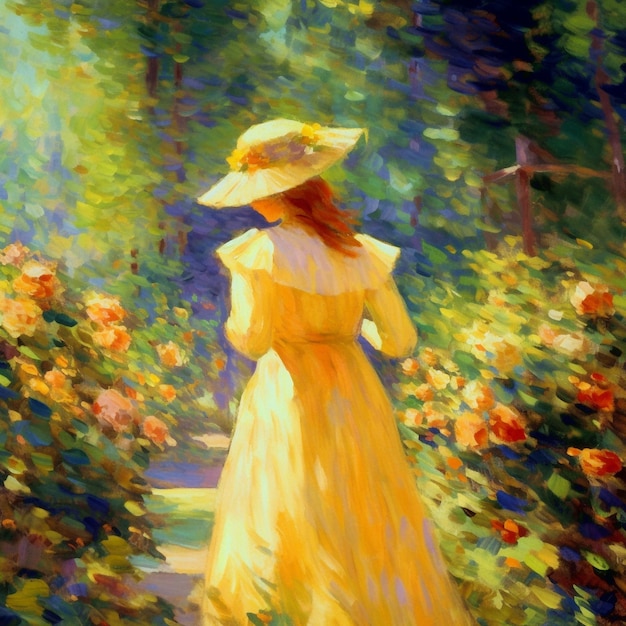 Foto uma pintura de uma mulher com um vestido amarelo caminhando por um jardim com rosas.