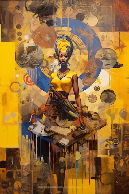 uma pintura de uma mulher com um vestido amarelo com um turbante amarelo na parte superior.