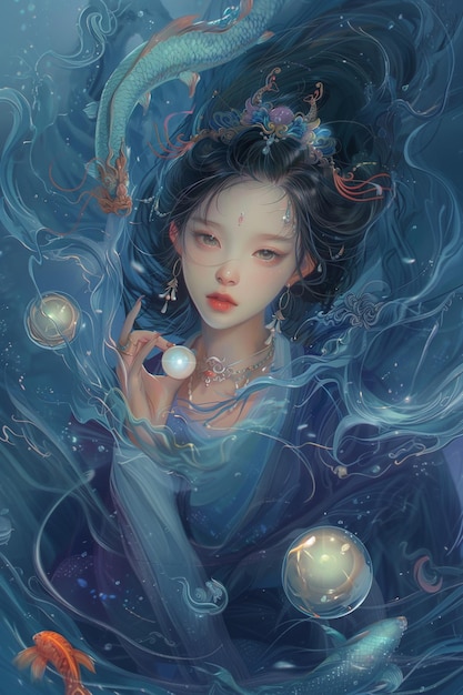 uma pintura de uma mulher com um vestido azul e um colar de pérolas