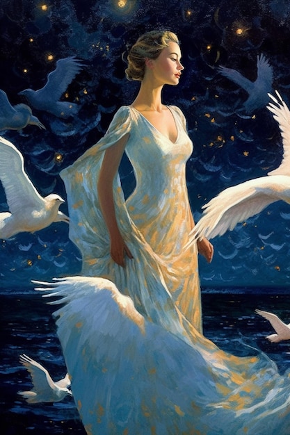 Uma pintura de uma mulher com um vestido branco e um cisne branco.