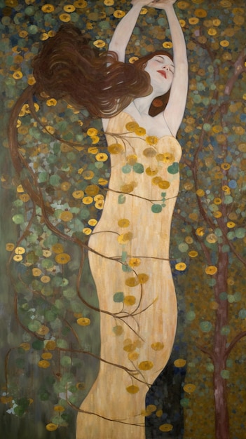 Uma pintura de uma mulher com uma árvore no cabelo.
