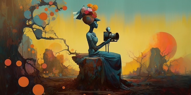 Uma pintura de uma mulher com uma câmera em um toco de árvore.