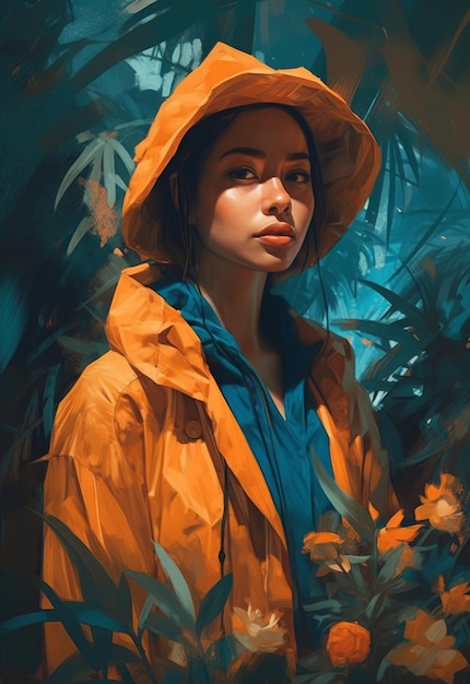 Uma pintura de uma mulher com uma capa de chuva amarela e um chapéu.