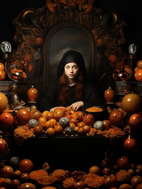 Foto uma pintura de uma mulher com uma capa preta e um chapéu preto