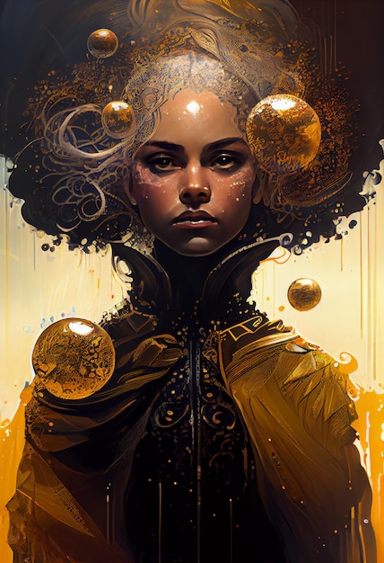 Uma pintura de uma mulher com uma coroa dourada e um vestido preto.