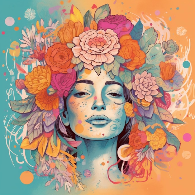 Uma pintura de uma mulher com uma faixa floral na cabeça.