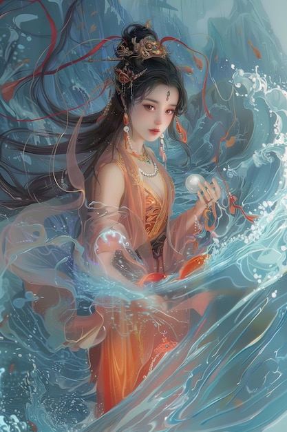uma pintura de uma mulher com uma onda no fundo