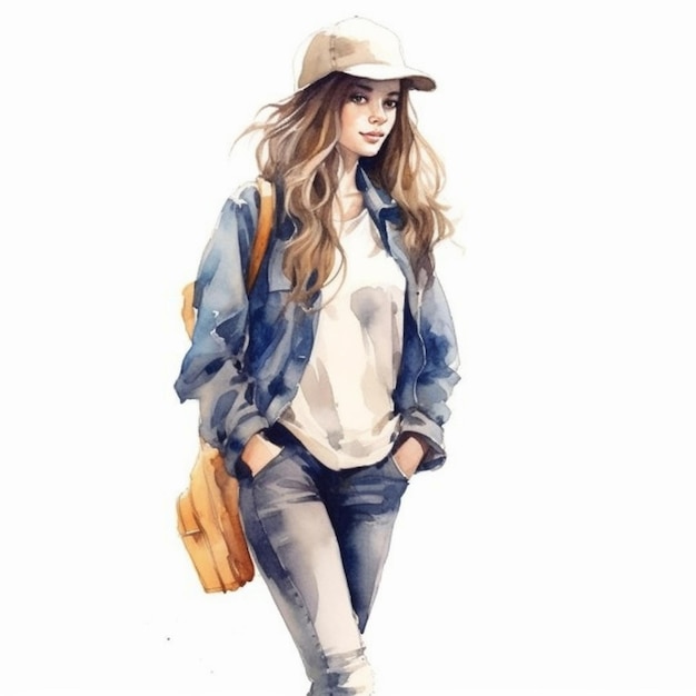 uma pintura de uma mulher de jeans e um chapéu caminhando generativo ai