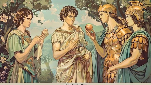 uma pintura de uma mulher e outras duas mulheres com uma maçã no ombro