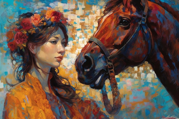 Uma pintura de uma mulher e um cavalo com um freio.